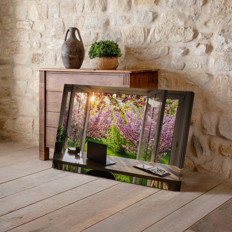 Toile, scène de bureau à domicile sereine encadrée par de grandes portes ouvertes d'art mural français révélant un jardin de printemps éclatant