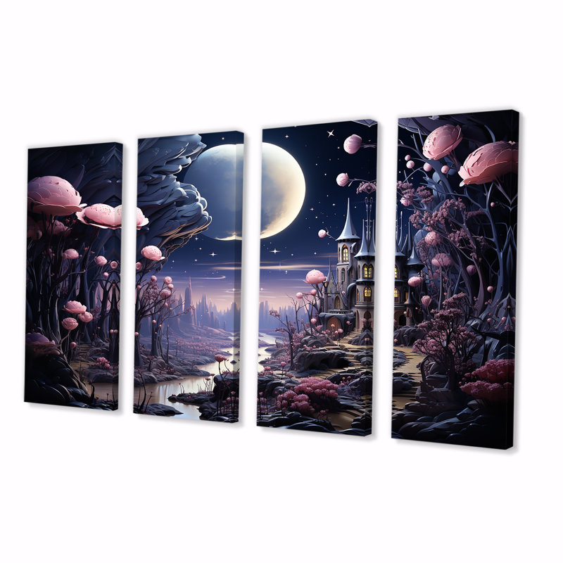 Champignon rose, fantaisie, château, vision, ensemble d'art mural 4 pièces, H 28 po x l 48 po