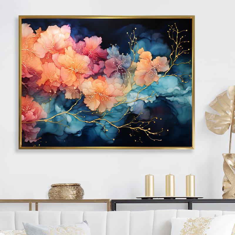 Céleste, corail et ciel bleu, impression sur toile, H 12 po x l 20 po x P 1 po, Cadre flottant doré