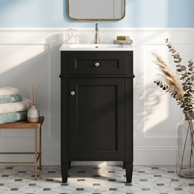 16-inch Bathroom Vanity with White Ceramic Sink, Black Freestanding Single Vanity Set with Soft Closing Door, Adjustable Shelf, French Style, Solid Feet, Iron Handle for Small Apartment
