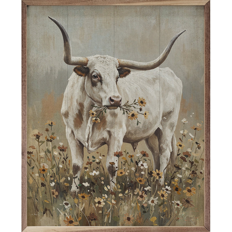 Longhorn parmi les fleurs, H 10 po x l 8 po