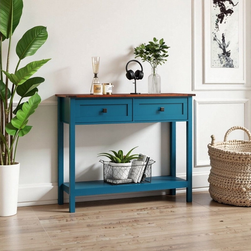 Farmhouse Console Table with Storage Drawer, Shelf - Rustic Entryway & Living Room Side Table in Pagoda Blue, Blue