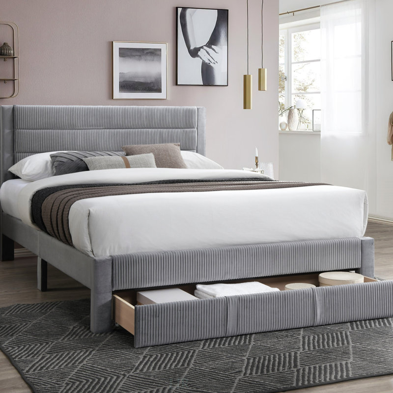 Luxury Contemporary Queen Bed With Storage Drawer And Corduroy Headboard, Perfect For Modern Elegance And Space Efficiency