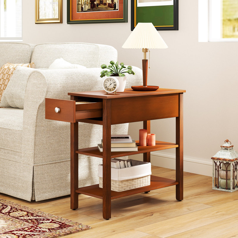 Narrow End Tables w/Drawer Shelves & Rubber Wood Legs Sofa Side Table Brown, Brown