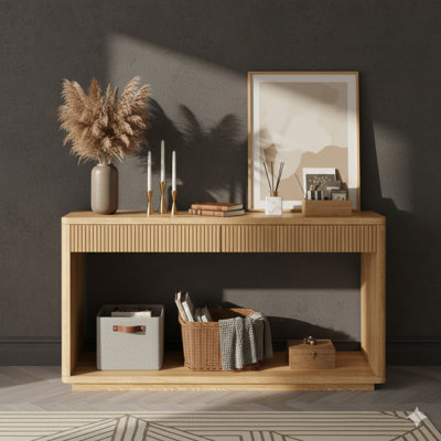 60-Inch Modern Console Table With Two Drawers And A Fluted Design, Crafted From Natural Wood Veneer. Ideal As A Sofa Table Behind A Couch For Living Rooms, Hallways, Entryways, And Home Offices. Finish: Natural Wood.