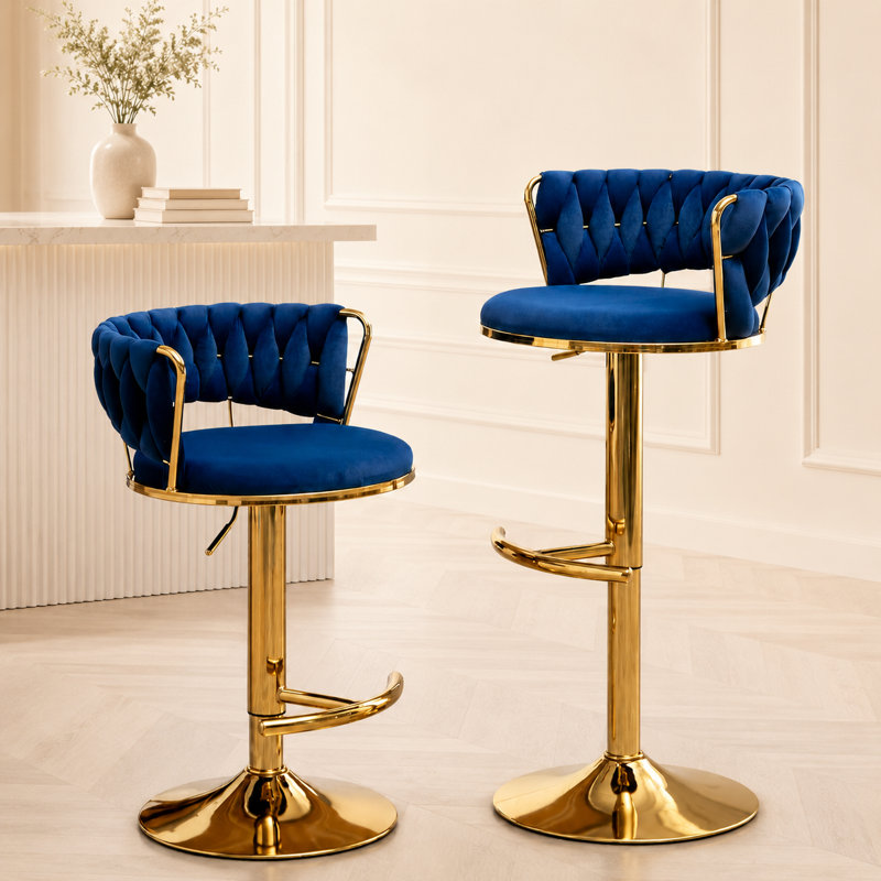 Ensemble de 2 tabourets de bar pivotants réglables en hauteur, tabourets de bar rembourrés en velours avec levage mécanique, repose-pieds chromé et base en métal doré, bleu