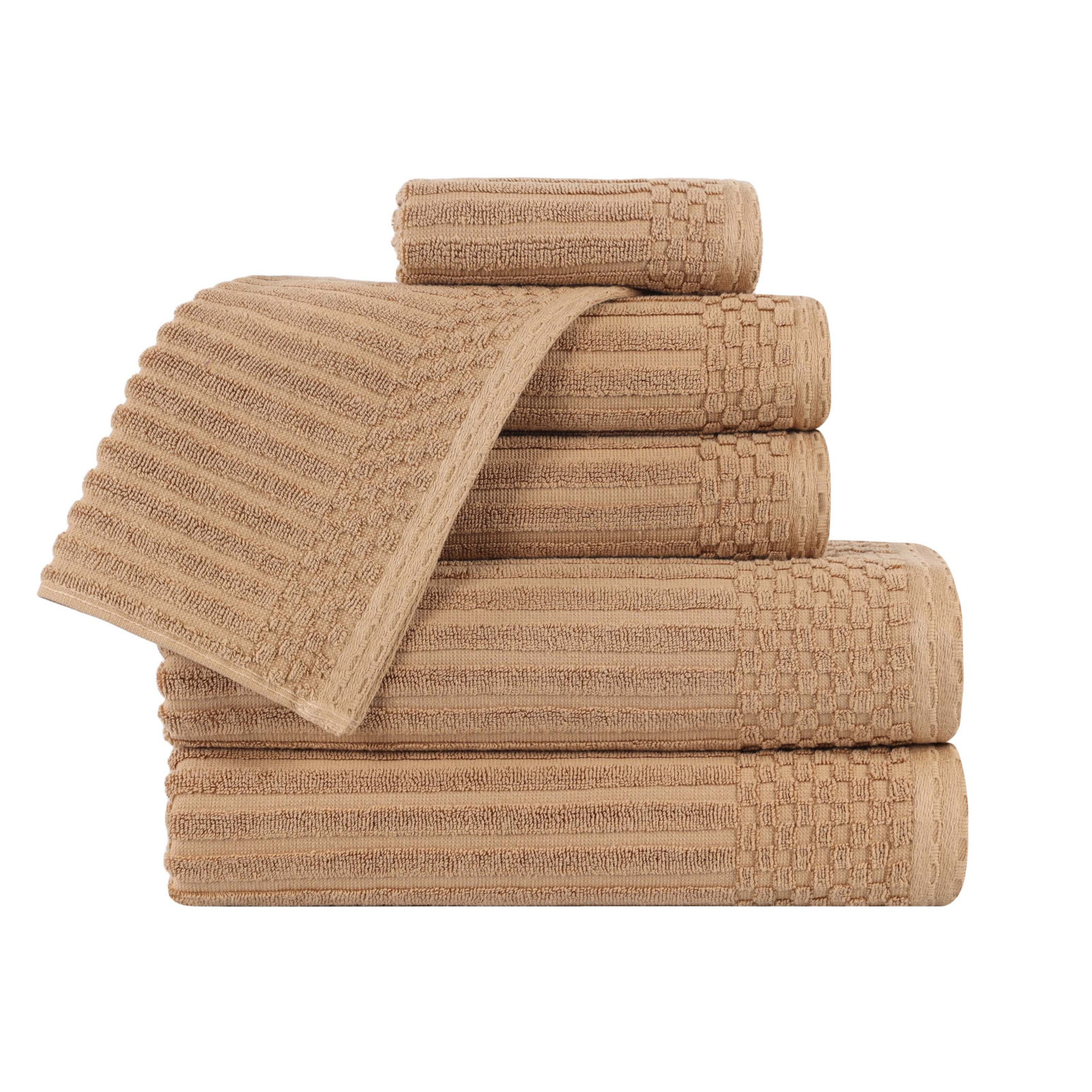 Ruvins Cotton Highly Absorbent 6-Piece Solid and Checkered Border Towel Set, Light Brown