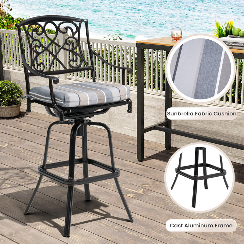 Tabouret de bar pivotant en aluminium pour l'extérieur 30 po avec coussin Sunbrella, Gris