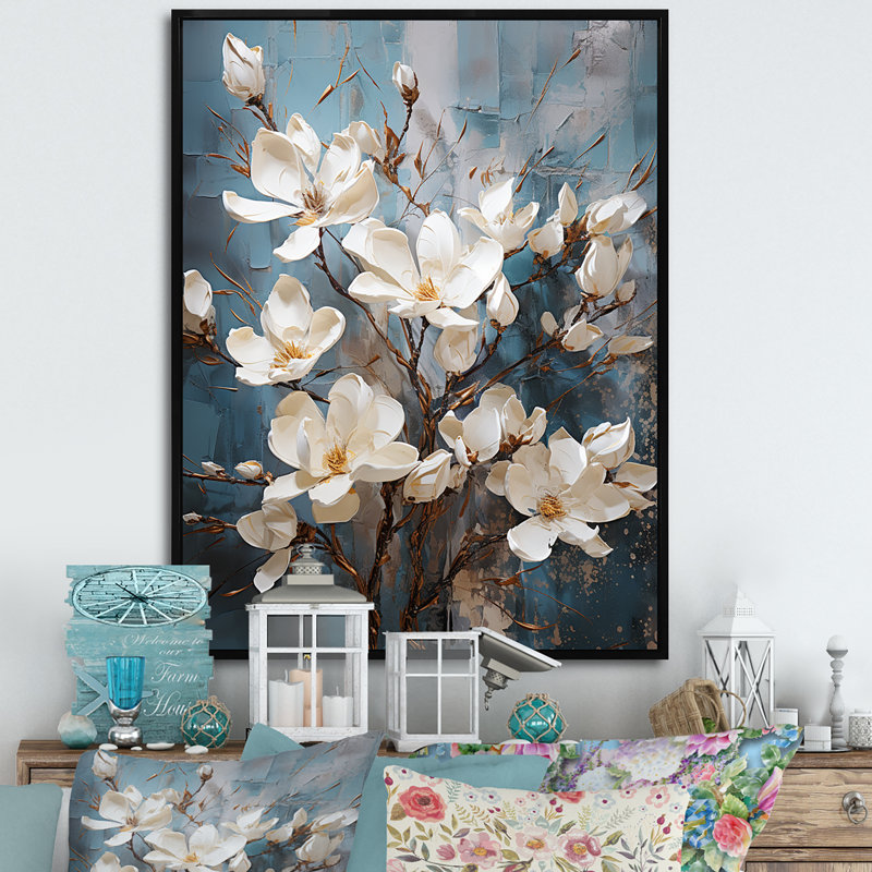 «Magnolias Bloom In White II», reproduction sur toile, Cadre flottant noir, H 32 po x l 16 po x P 1 po