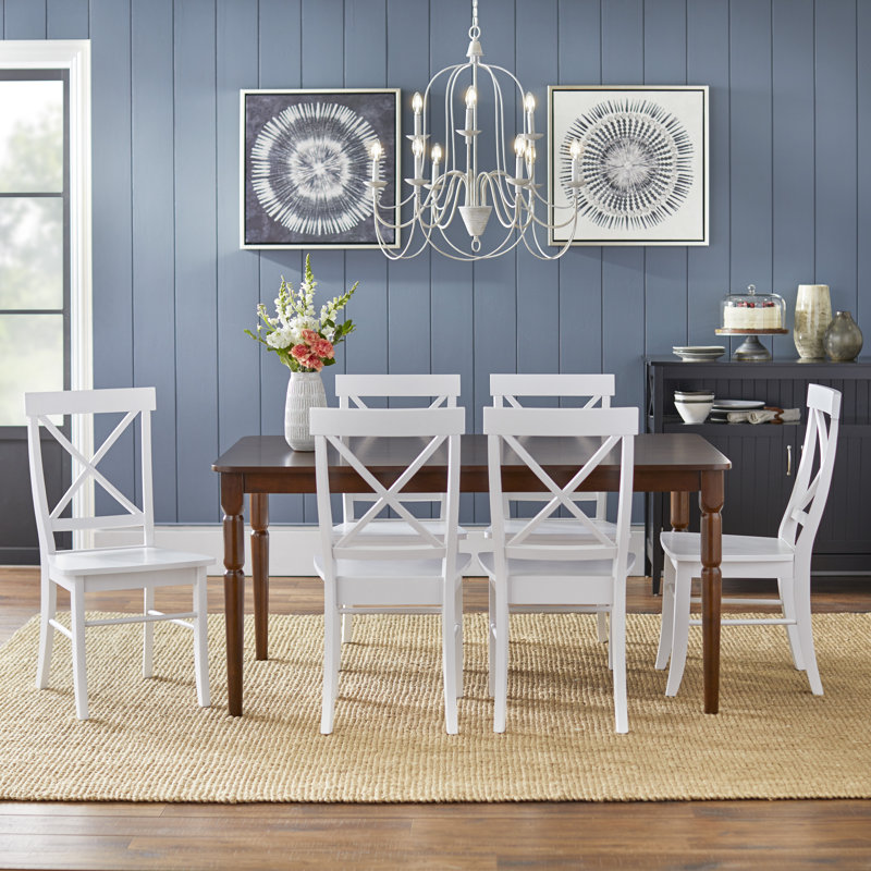 Ensemble de salle à manger Bellmead, Table brune avec chaises blanches, 7 pièces (1 table, 6 chaises)