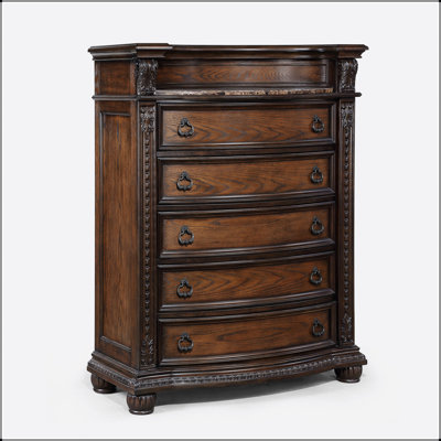Commode haute à cinq tiroirs en marbre 1Pc avec moulures complexes, silhouette magnifiquement courbée et quincaillerie antique au fini brun café
