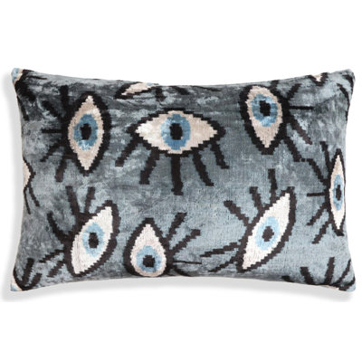 Gray Blue Eye Silk Velvet Lumbar Pillow – 16X24 Handmade Ikat Luxury Cushion