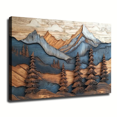 Wood Layered Cutout Mountain Pine Trees Landscape, Large Gallery Wrapped Canvas Wall Art Print For Living Room Bedroom