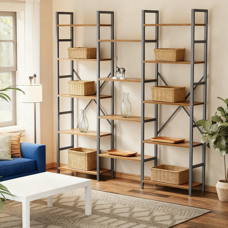 5-Tier Ladder Bookshelf With 14 Adjustable Shelves, Wide Storage Bookcase For Home Office, Durable, Brown