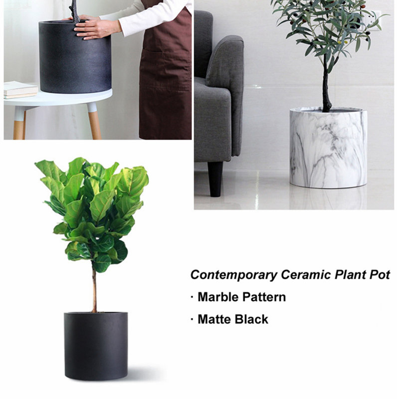 Higold - 10 Inch Ceramic Plant Pot With Marble White Texture, Modern Cylinder Garden Pot, Plant Container, Indoor/outdoor Using, Great Home Decoration, Gift For Birthday, Housewarming