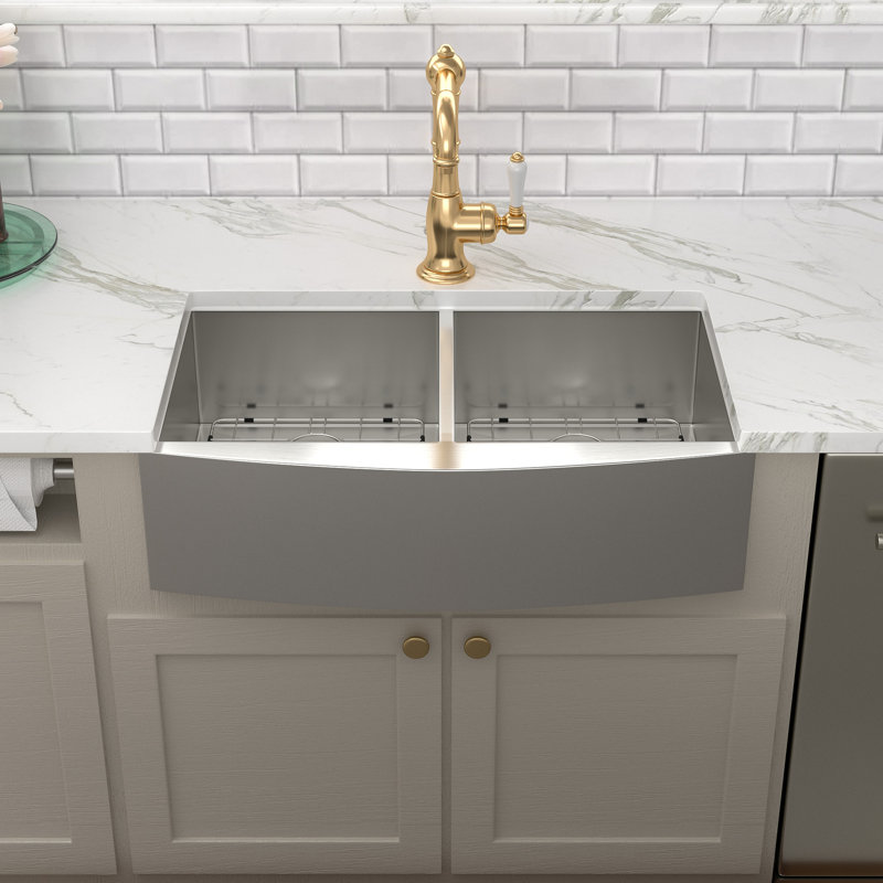 36'' L x 20'' W 50/50 Double Bowl Stainless Steel Farmhouse Kitchen Sink with Bottom Grid, Basket Strainer and Roll-up Rack