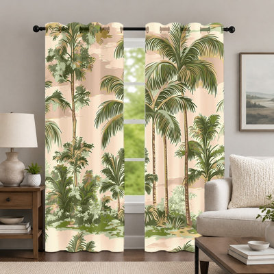2Pcs Tropical Palm Tree Print Curtains, Botanical Style Drape, Aesthetic Nature-Inspired Plant Pattern Grommet Window Panels, Home Decor for Bedroom Living Room