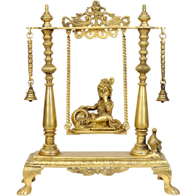 Statue de divinité indou en laiton, autel de maison indienne et décor décoratif Krishna beurre sur balançoire fait à la main 16 po