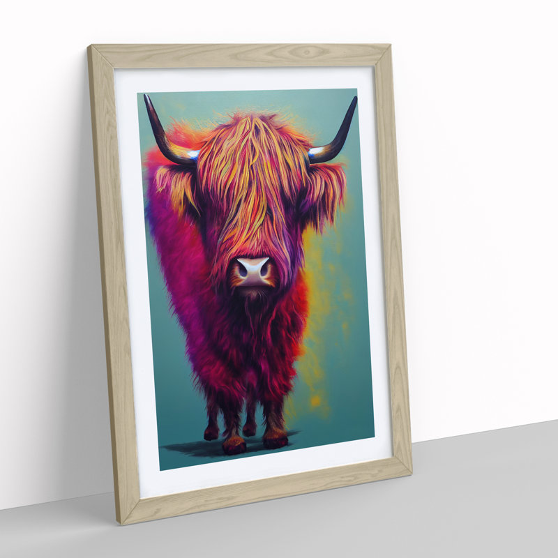 XV1022-1594X Colourful Highland Cow No.3 1 Piece Single Picture Frame Wall Art, 64cm H x 46cm W, Beige