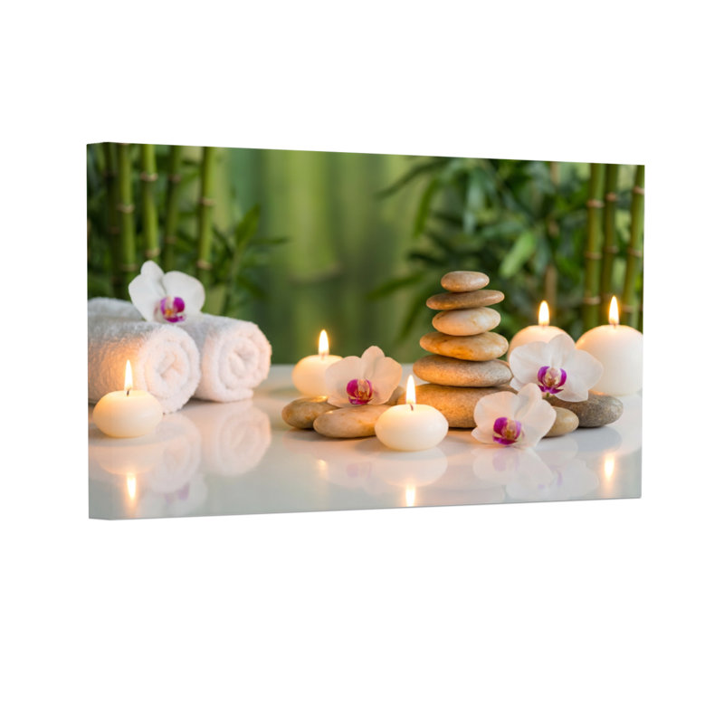 Mode Spa Pierres Bougies Serviettes Fleurs Sur Fond Bambou Sérénité, H 24 po x l 36 po