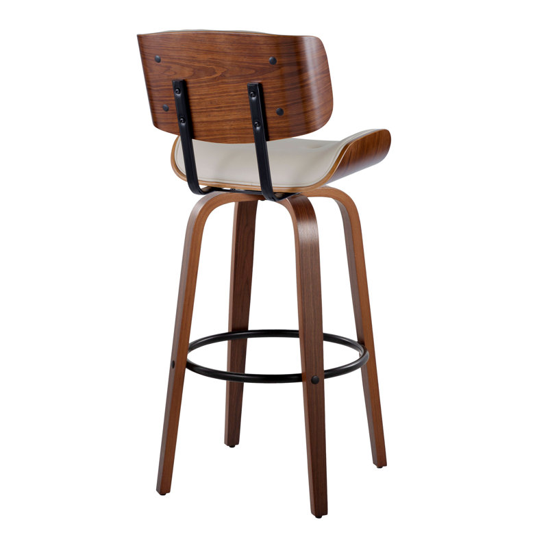 Lombardi 30" Mid-Century Modern Fixed-Height Barstool with Swivel in Walnut Wood and Cream Faux Leather with Round Black Metal Footrest by LumiSource - Set of 2