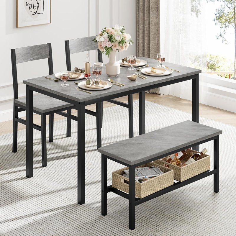 Dining Table Set For 4, With Bench & 2 Chairs, Grey, Grey