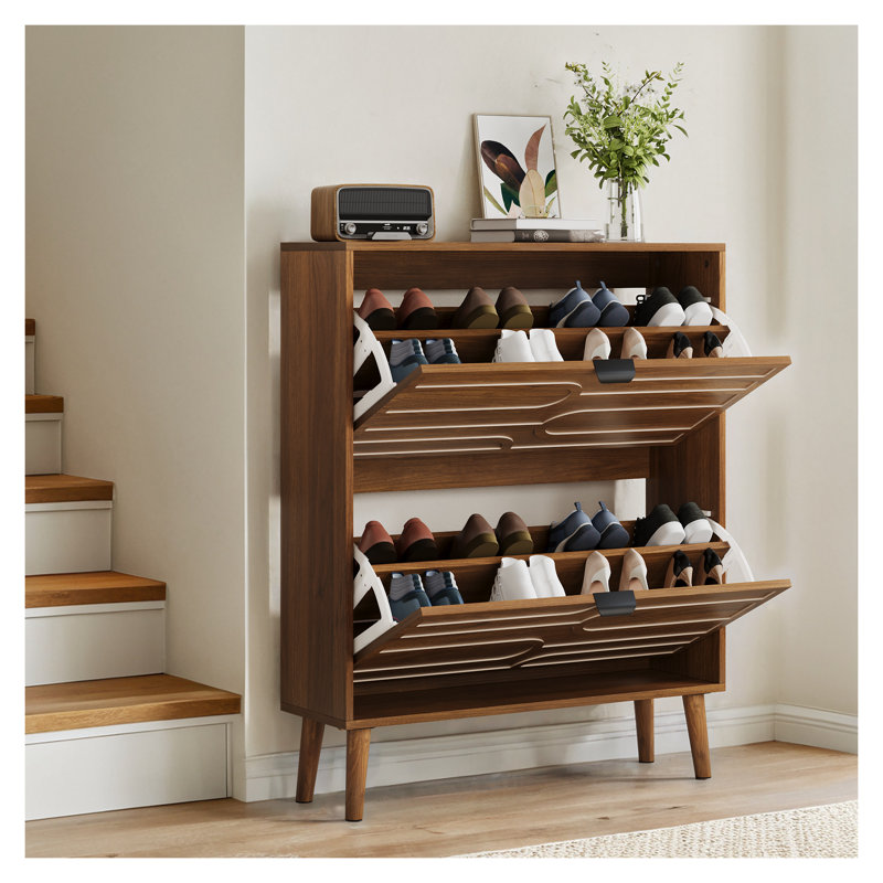 31.5-Inch Farmhouse Walnut Shoe Storage Cabinet with 2 Flip Drawers, Narrow Freestanding Shoe Organizer for Entryway Hallway