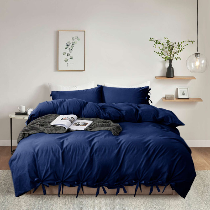 Massouda Microfiber Solid Colour Duvet Cover Set with Pillowcases Included,  Navy Blue