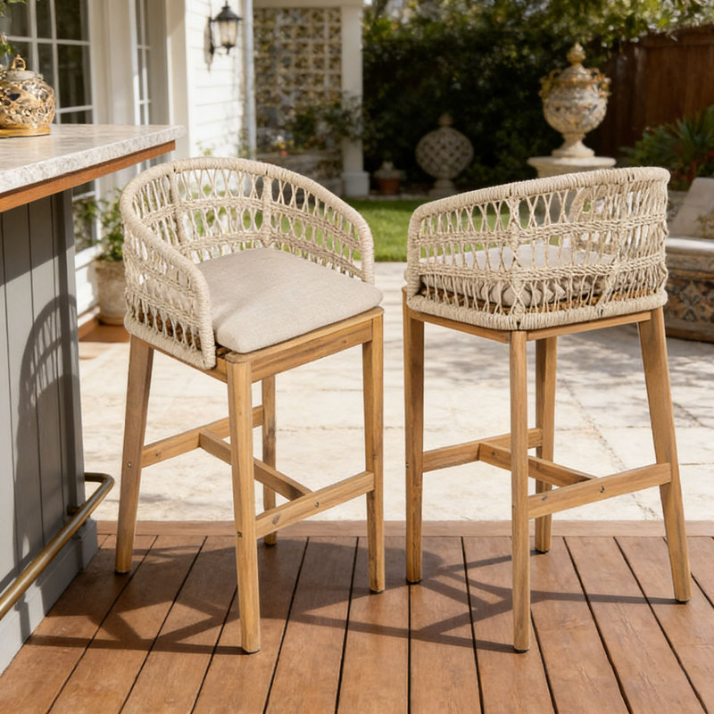 Outdoor Wood and Rope Barstool