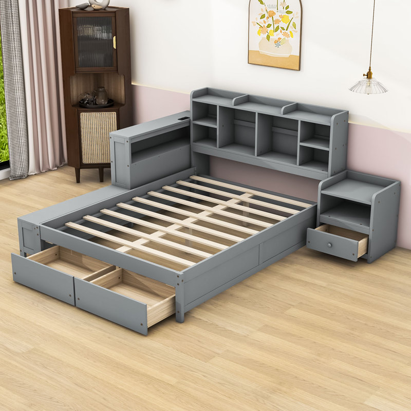 Lit plateforme double en bois avec rangement pour tête de lit et bureau intégré Campion, Gris