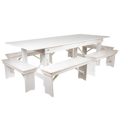 Donashia 8' X 40" Antique Rustic White Folding Farm Table And Six Bench Set