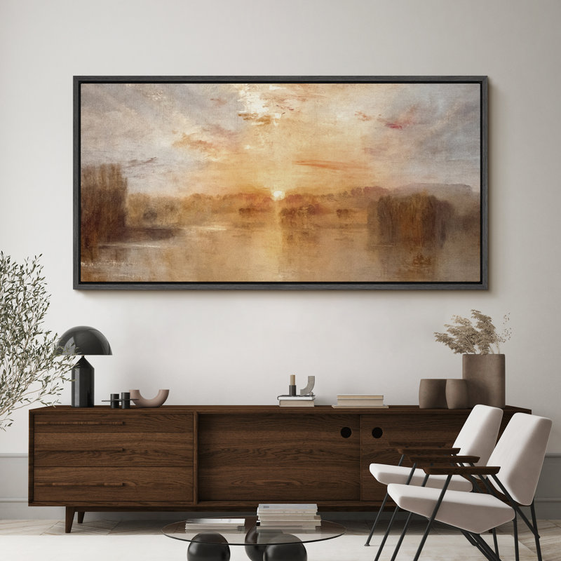 «Golden Lake Sunset», impression sur toile encadrée, décor naturel impressionniste chaleureux, Noir, H 30 po x l 60 po