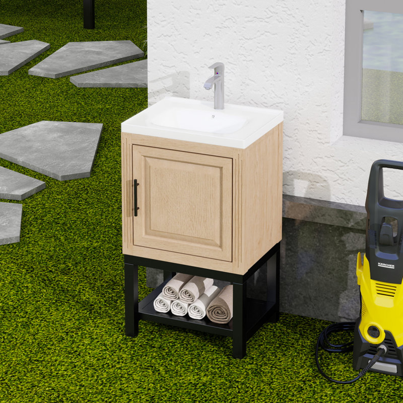 Petit meuble-lavabo autoportant de 20 po avec lavabo et robinet, moderne naturel
