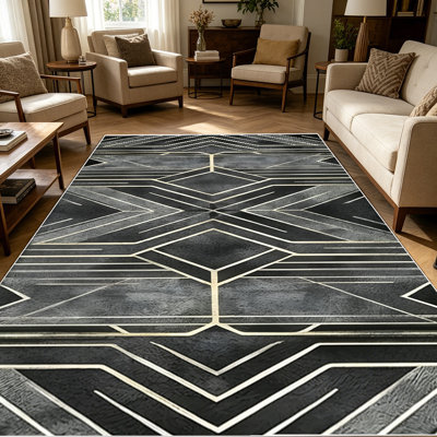 1PC Distressed Black Grey Gold Metallic Geometric Chevron Diamond Art Deco Pattern area rugs for Living Room, Soft and Comfortable, Suitable for all seasons, easy-to-maintain, machine washable Indoor floor mat,