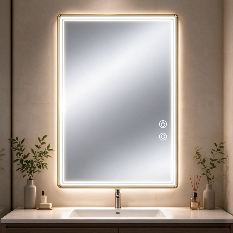 47 x 31" LED Illuminated Bathroom Mirror, Gold Framed Vanity Wall Mirror with Touch Control & Defogging Function