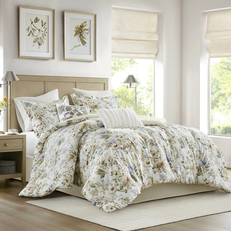 Édredon très grand 6 pièces en coton avec motif floral inspiré de la nature, 100% pour une expérience luxueuse et respirante, bourre en polyester 300 g / m², coussins décoratifs, broderie au point de chaînette, qualité