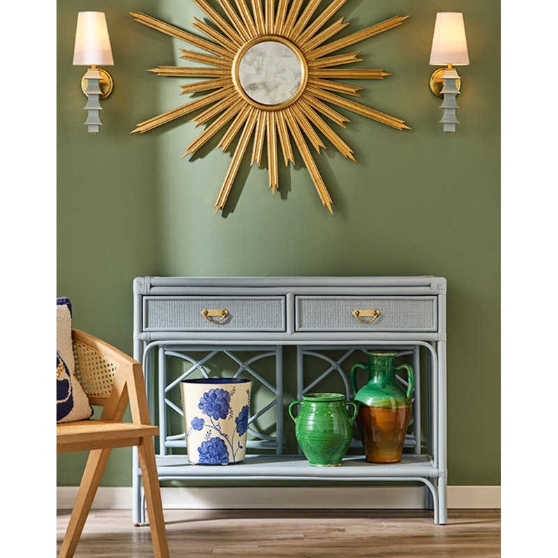 Two Drawer Console with Decorative Back Rattan, Blue