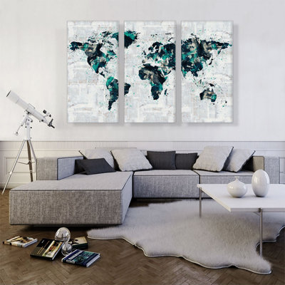 «Green Grey Black World Map», ensemble de 3 impressions sur toile tendue