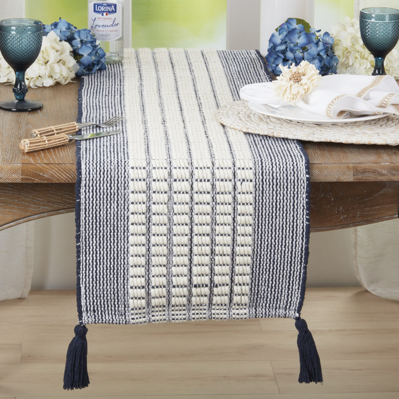 Chemin de table en coton et en laine tissé avec pampilles - Chemin de table décoratif texturé non réversible pour table de salle à manger, 16 po x 72 po