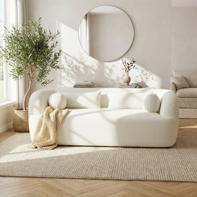 Elegant Curved Chenille Sofa with Pillows, Spacious Three-Seater Upholstered Sofa with High-Density Foam and Pocket Springs