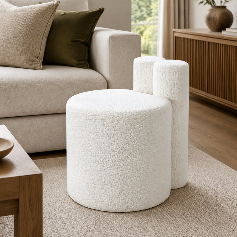 Pouf rond moderne en sherpa de 22,8 pouces pour salon, Sherpa, Blanc