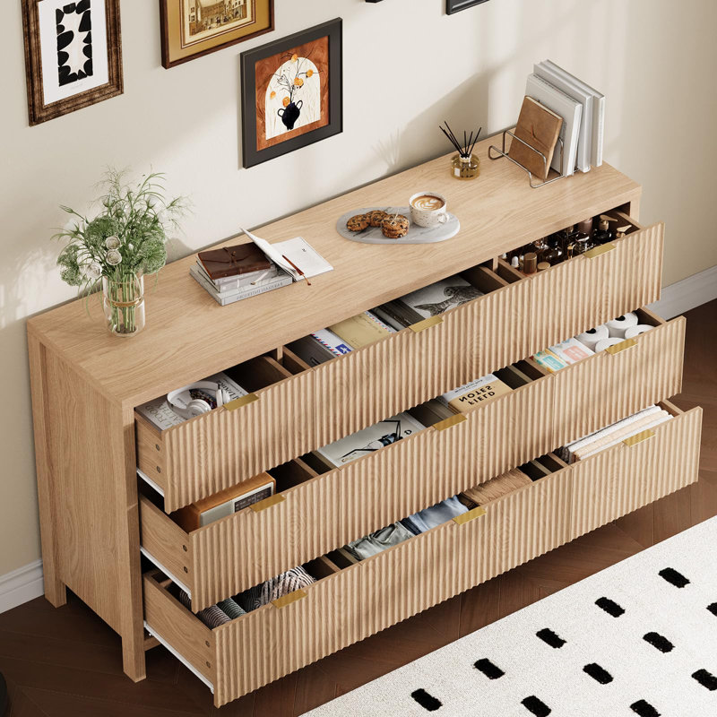58.5" Wide Fluted 9 Drawer Dresser, Mid-Century Wood Storage Chest for Bedroom, Natural
