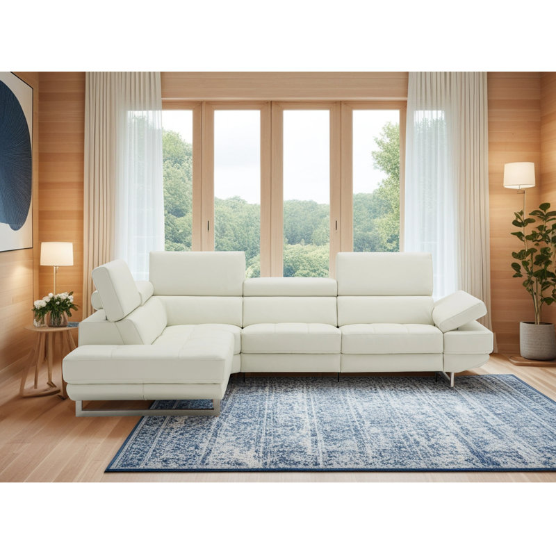 Cartagena Faux Leather L-Shaped Sectional, Snow White Genuine Leather, Left Hand Facing