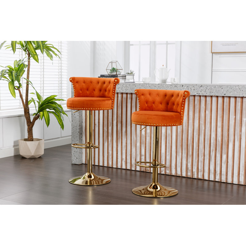Ensemble de 2 tabourets de bar pivotants en velours avec repose-pieds en métal et dossier capitonné, Orange