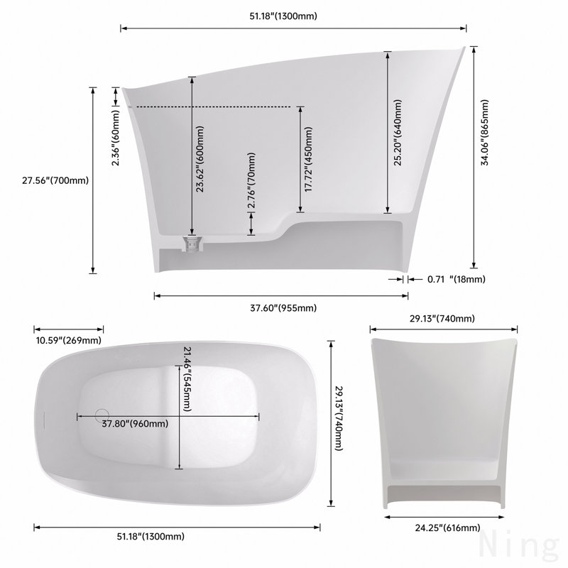 Baignoire de trempage à surface solide de 51 pouces - Baignoire profonde autoportante