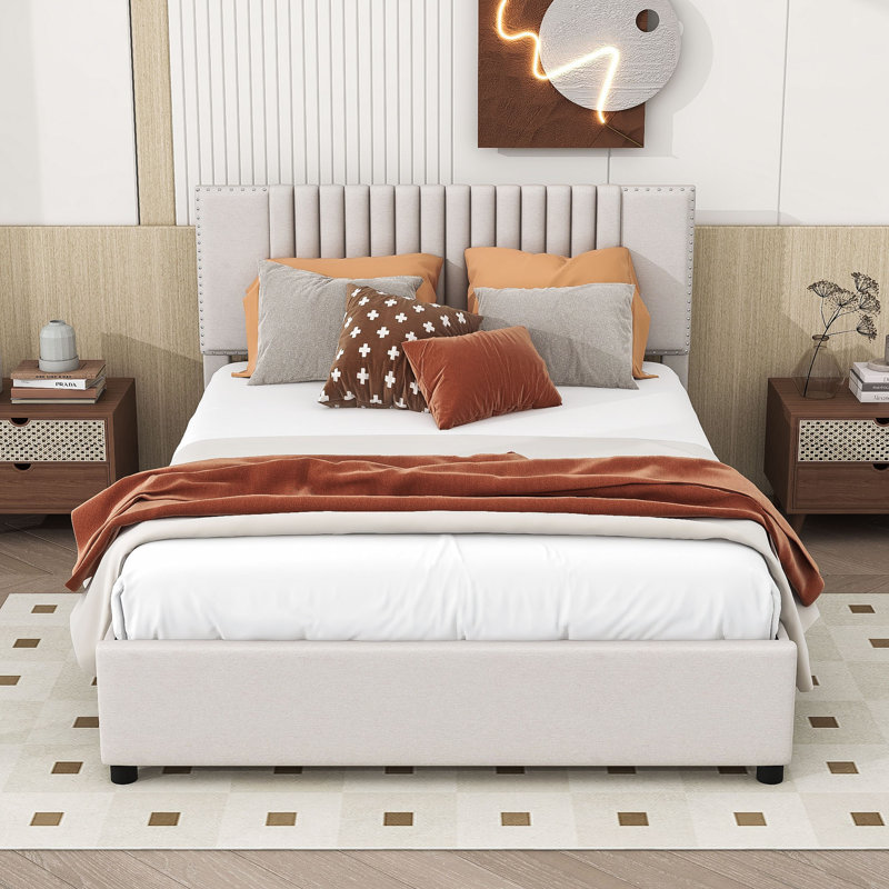 Wood Upholstered Platform Bed with Drawers, Trundle and Headboard, Beige, Queen