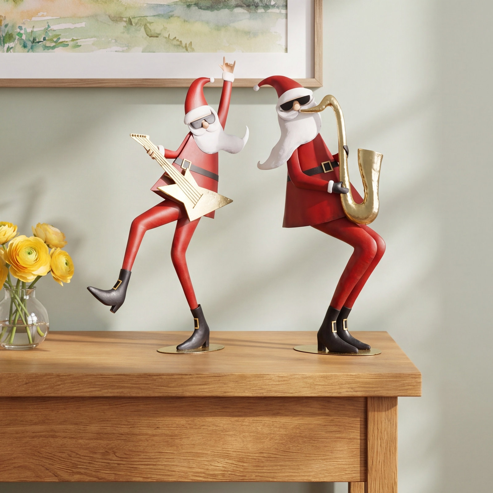 2-Piece Metal Santa Musician Figurine Set