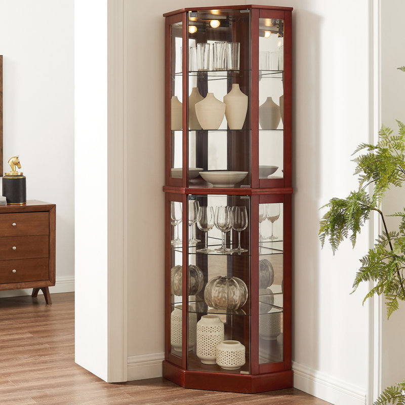 Vitrine 6 tablettes avec lumières, dossier en miroir, armoire d'angle lumineuse réglable, miroir, tablettes, cerisier