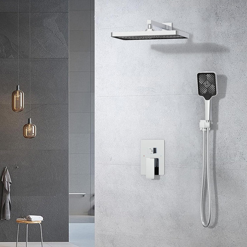 Iriber Wall Mount Shower System With Rainfall Shower Head And Handheld Spray, Shower Faucet Mixer Trim Kit With Pressure Balance Valve, High Pressure Power Wash Function