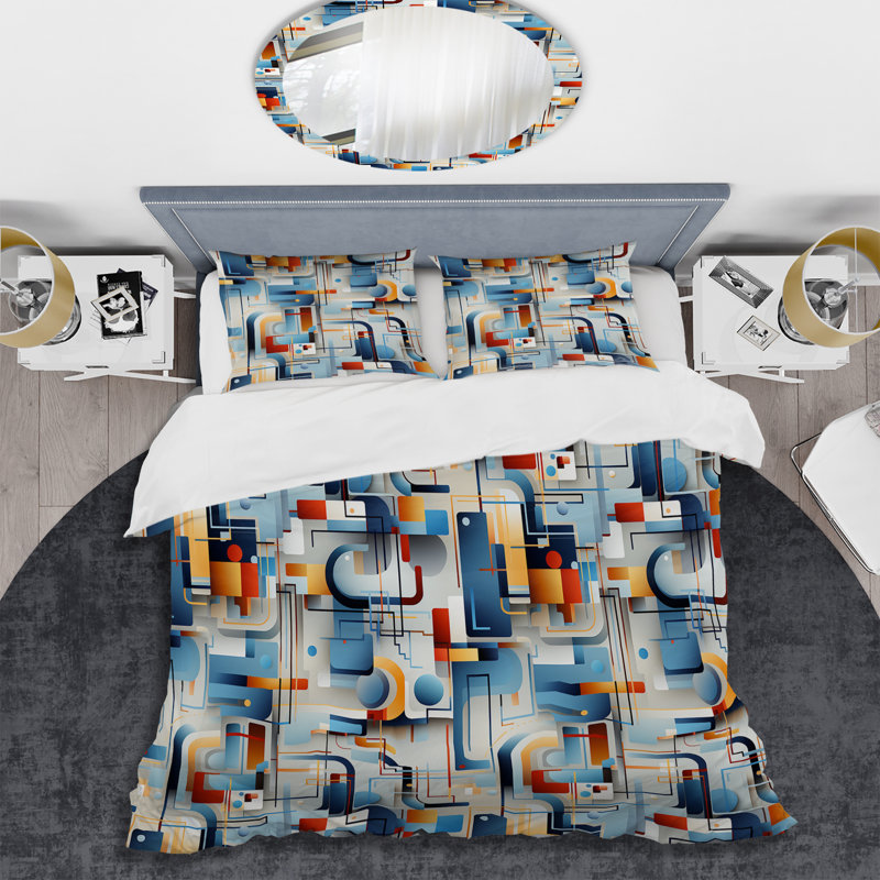 Blue Metropolis Matrix Pattern - Geometric Duvet Cover Set, Housse de couette pour grand lit et 2 taies décor